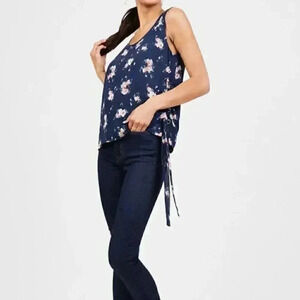 New Nior Navy Chiffon Red & Pink Rose Print Asymmetric Lace Up Sleeveless Blouse